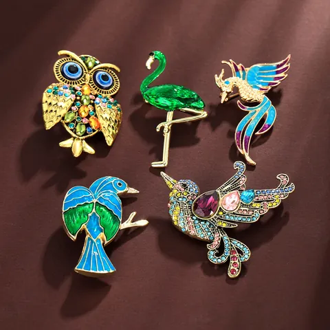 Broches de Pájaro de Aleación Vintage con Diamantes de Imitación Esmalte Animal Búho Flamenco Fénix Alfileres para Mujer Joyería