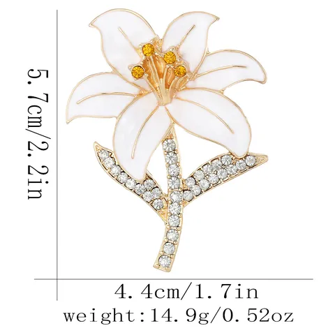 Elegant Lily Flower Brooch Alloy White Enamel Rhinestone Inlaid Pin For Women Suit Coat Wedding Banquet Jewelry Gift