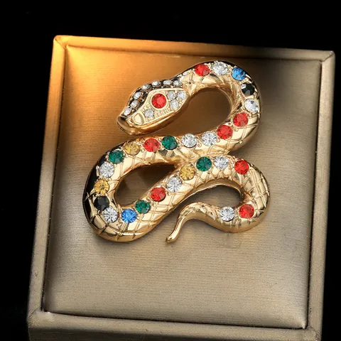 Broche de Serpiente de Aleación Chapado en Oro con Diamantes de Imitación Multicolor Pin de Esmalte de Animal Joyería Moda