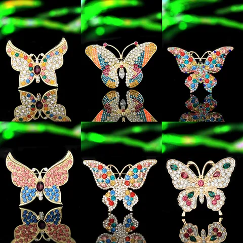 Luxury Alloy Butterfly Brooch Pin For Women Vintage Gold Rhinestone Crystal Enamel Corsage For Suit Coat Party Jewelry
