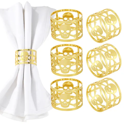 Hollow Out Skull and Crossbones Napkin Rings Gold Plated Alloy Metal Napkin Buckle For Halloween Gothic Theme Table Decoration