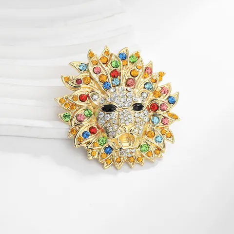 Spilla Testa di Leone in Lega di Zinco Placcata Oro Vintage per Donna Uomo Colorati Strass Cristallo Animale Spilla da Bavero Gioielli