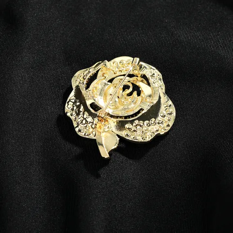 Elegant Rose Flower Brooch Pin For Women Alloy Rhinestone Enamel Leaf Gold Plated Accessories For Wedding Party Gift