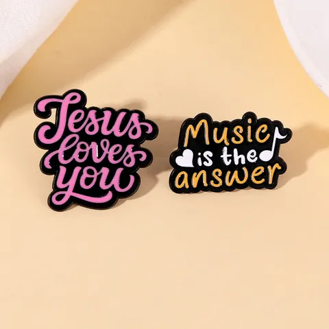 Fashion Enamel Alloy Brooch Pin Jesus Loves You Music Is The Answer Text Design Badge Jewelry Accessory For Men Women Clothes Bag