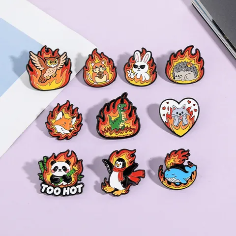 Flame Animal Cartoon Enamel Brooch Pin Set Creative Alloy Lacquer Badge For Backpack Clothing Accessory Cat Panda Fox Jewelry