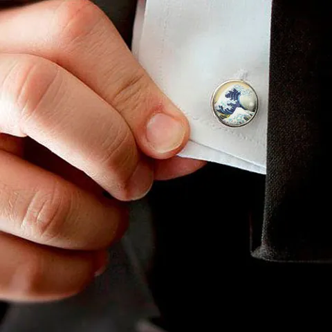 Gemelli da Uomo Tondi in Rame e Vetro con Arte Onda La Grande Onda di Kanagawa Tono Argento Accessori per Camicia da Lavoro