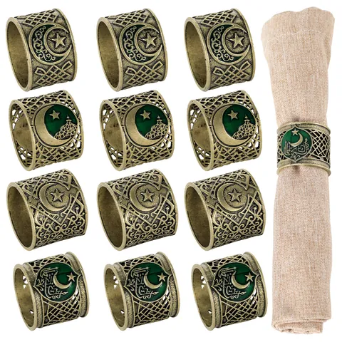 Middle Eastern Retro Alloy Napkin Rings Hollow Star Crescent Enamel Mosque Napkin Holders For Eid Mubarak Ramadan Wedding Party Table Decor