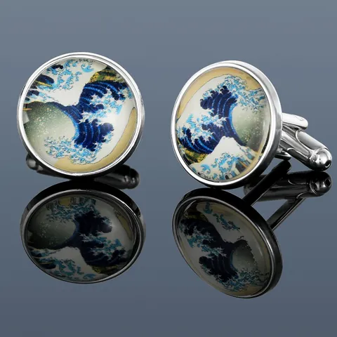 Gemelli da Uomo Tondi in Rame e Vetro con Arte Onda La Grande Onda di Kanagawa Tono Argento Accessori per Camicia da Lavoro
