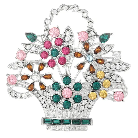 Vintage Alloy Multicolored Rhinestone Flower Basket Brooch Elegant Pin For Women Wedding Banquet Decorative Jewelry