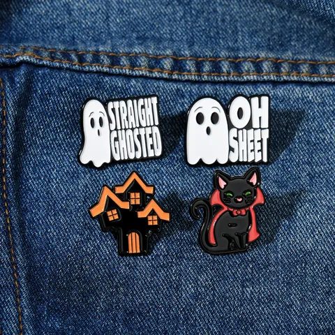 Halloween Enamel Pins Set Ghost Black Cat Haunted House Alloy Brooch Badges For Backpack Clothes Festive Jewelry Gift