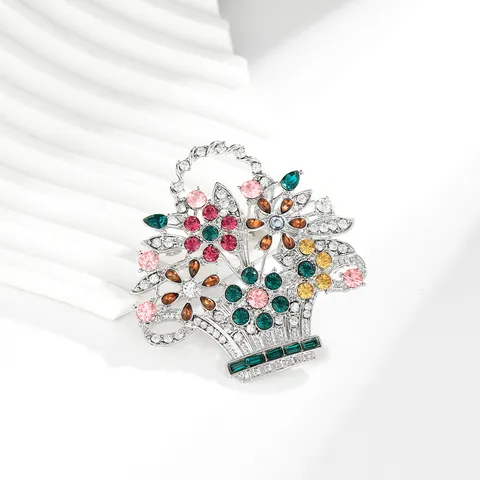 Vintage Alloy Multicolored Rhinestone Flower Basket Brooch Elegant Pin For Women Wedding Banquet Decorative Jewelry