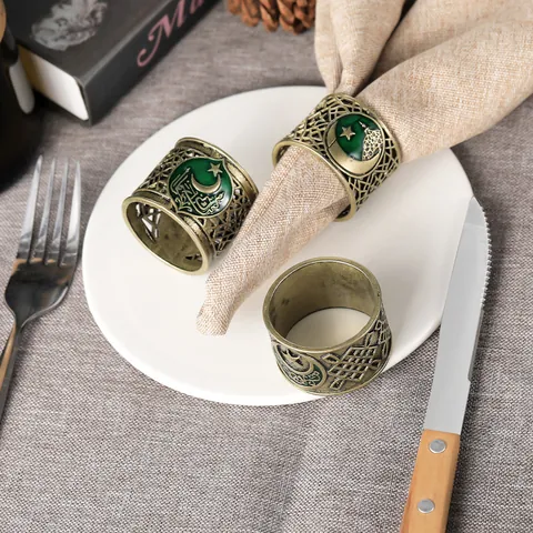 Middle Eastern Retro Alloy Napkin Rings Hollow Star Crescent Enamel Mosque Napkin Holders For Eid Mubarak Ramadan Wedding Party Table Decor