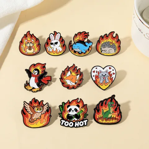 Flame Animal Cartoon Enamel Brooch Pin Set Creative Alloy Lacquer Badge For Backpack Clothing Accessory Cat Panda Fox Jewelry