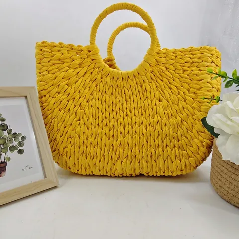 Borsa a Mano Intrecciata da Donna Giallo Paglia di Carta Borsa da Spiaggia Vacanza Estiva Mezzaluna Con Manici Circolari