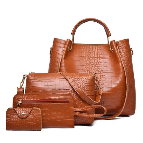 Women Handbag Set PU Leather Crocodile Pattern Vintage Tote Shoulder Crossbody Bag Clutch Wallet Gold Hardware For Daily Work