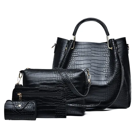 Women Handbag Set PU Leather Crocodile Pattern Vintage Tote Shoulder Crossbody Bag Clutch Wallet Gold Hardware For Daily Work