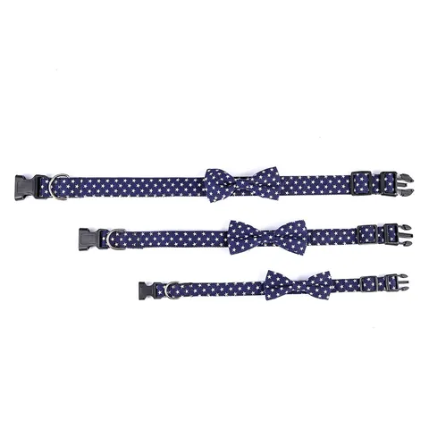 Collare per Cani Regolabile in Cotone Nylon Con Fiocco Motivo a Stelle Blu Marino Fibbia di Sicurezza per Cani