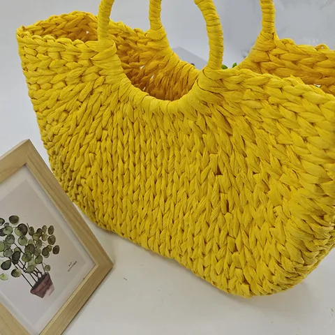 Borsa a Mano Intrecciata da Donna Giallo Paglia di Carta Borsa da Spiaggia Vacanza Estiva Mezzaluna Con Manici Circolari