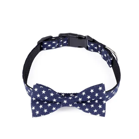 Collare per Cani Regolabile in Cotone Nylon Con Fiocco Motivo a Stelle Blu Marino Fibbia di Sicurezza per Cani