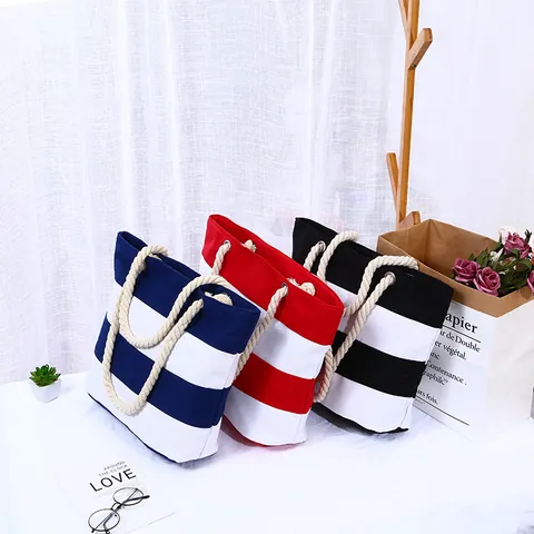 Large Capacity Striped Canvas Tote Bag Nautical Style Beach Shopping Handbag With Cotton Rope Handle For Women Leisure