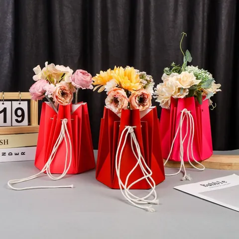 Bolsa Plegable para Ramo de Flores de Cartón Impermeable Caja de Regalo Hexagonal con Asa de Cuerda para Bodas y Floristerías