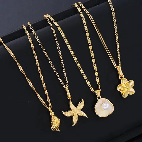 Juego de Collares con Colgante de Estrella de Mar Concha y Perla Artificial en Aleación Dorada Estilo Bohemio para Mujer Joyería de Playa