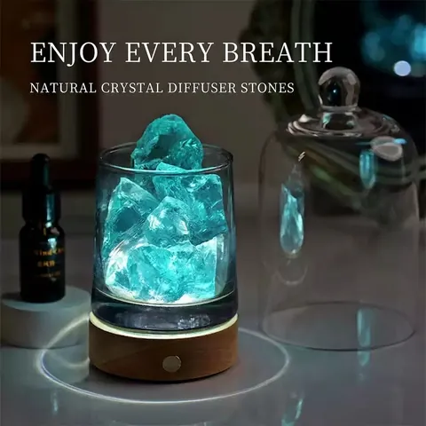 Natural Crystal Stone Glass Cup Wood Base Essential Oil Aromatherapy Diffuser Lamp LED Touch Control Night Light Home Decor