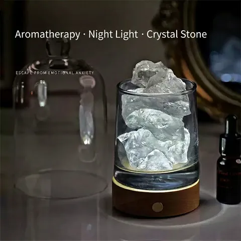 Natural Crystal Stone Glass Cup Wood Base Essential Oil Aromatherapy Diffuser Lamp LED Touch Control Night Light Home Decor