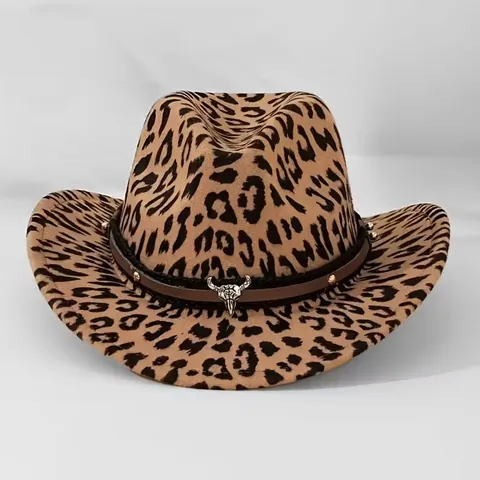 Western Cowboyhut Woll Leopardendruck Breite Krempe Fedora Mit Stierkopf Stern Nieten Gürtel Für Damen Outdoor Reise Mode