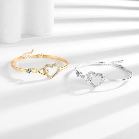 Elegant Copper Zircon Infinity Heart Open Bangle Bracelet For Women Gold Silver Plated Adjustable Fashion Jewelry Gift