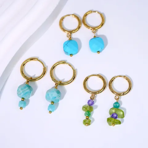 Bohemian Stainless Steel Natural Stone Drop Earrings Gold Plated Geometric Turquoise Amazonite Peridot Jewelry For Women