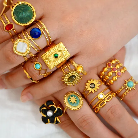 Bague Ouverte Vintage Bohème Acier Inoxydable Plaque Or 14K Pierre Naturelle Incrustée Mauvais Œil Soleil Bijoux Femme