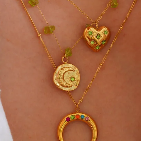Bohemian Gold Plated Stainless Steel Layered Necklace With Natural Stone Heart Moon Star Pendant Jewelry Set For Women