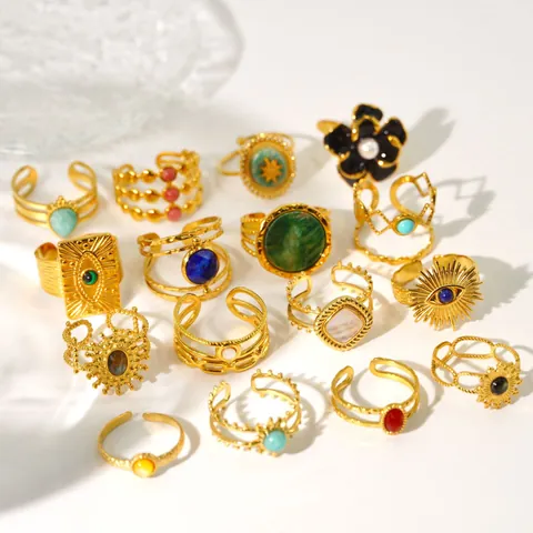 Bague Ouverte Vintage Bohème Acier Inoxydable Plaque Or 14K Pierre Naturelle Incrustée Mauvais Œil Soleil Bijoux Femme