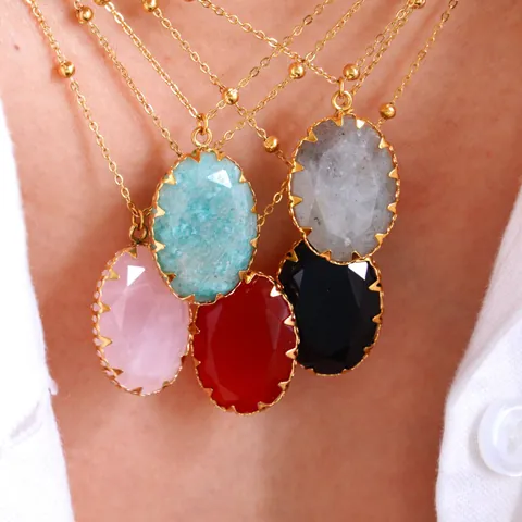 Collier Pendentif Ovale en Pierre Naturelle Vintage Acier Inoxydable Plaqué Or Chaîne Satellite Bijoux Femme Cadeau