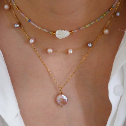 Set di Gioielli Vintage in Acciaio Inossidabile per Donna Collana con Pendente in Perla Barocca Perline Multicolore Conchiglia Foglia Orecchini Bracciale