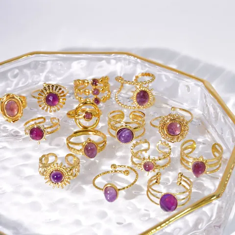 Stainless Steel Amethyst Adjustable Open Ring For Women Vintage Bohemian Gold Plated Natural Stone Purple Crystal Geometric Finger Ring Fashion Jewelry Gift