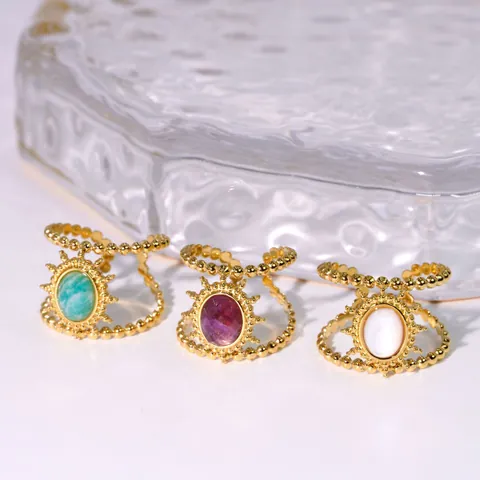 Bohemian Stainless Steel Sunflower Open Ring For Women Natural Amethyst Amazonite Mother Of Artificial Pearl Gold Plated Jewelry