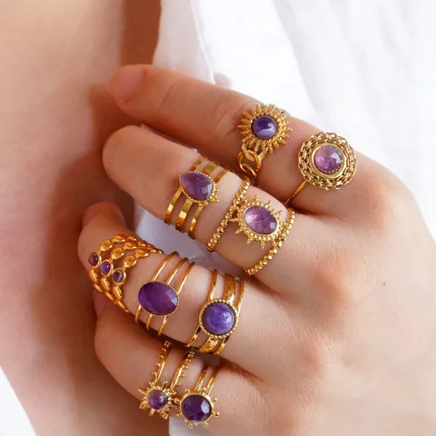 Stainless Steel Amethyst Adjustable Open Ring For Women Vintage Bohemian Gold Plated Natural Stone Purple Crystal Geometric Finger Ring Fashion Jewelry Gift