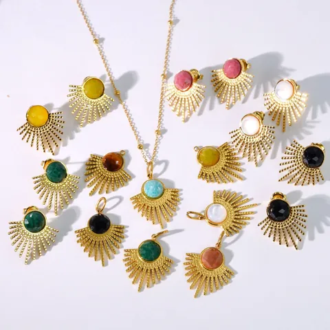 French Vintage Stainless Steel Gold Plated Natural Stone Sunburst Pendant Necklace And Stud Earrings For Women Bohemian Jewelry
