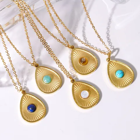 Vintage Stainless Steel 14K Gold Plated Teardrop Pendant Necklace Natural Stone Sunburst Texture Jewelry For Women Gift