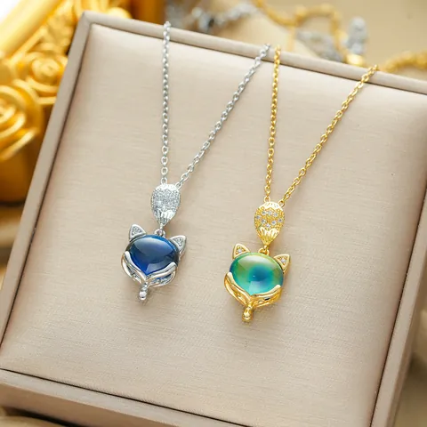 Temperature Color Changing Fox Pendant Necklace Stainless Steel Chain Gold Plated Copper Zirconia Animal Jewelry For Women