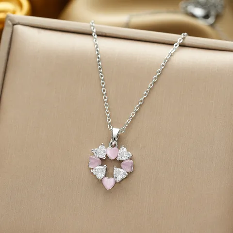 Titanium Steel Heart Flower Pendant Necklace For Women Pink Opal White Zirconia Inlaid Gold Silver Plated Clavicle Chain Jewelry
