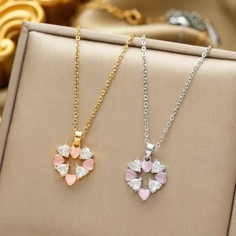 Titanium Steel Heart Flower Pendant Necklace For Women Pink Opal White Zirconia Inlaid Gold Silver Plated Clavicle Chain Jewelry