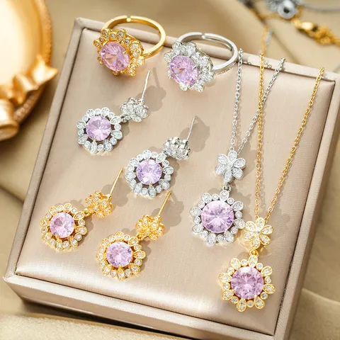 Titanium Steel Sunflower Jewelry Collection Pink Zirconia Flower Necklace Earrings Ring For Women Elegant Gold Silver Plated