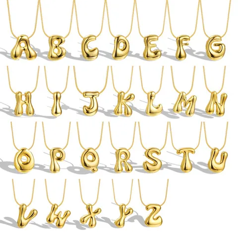 18K Gold Plated Stainless Steel 3D Bubble Alphabet Letter Pendant Necklace For Women Puffy Initial Snake Chain Necklace Jewelry