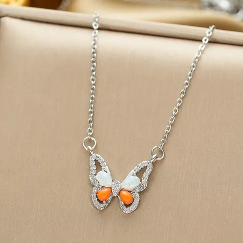Titanium Steel Butterfly Pendant Necklace For Women Copper Gold Plated Colorful Opal Zirconia Fashion Jewelry Gift