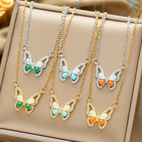 Titanium Steel Butterfly Pendant Necklace For Women Copper Gold Plated Colorful Opal Zirconia Fashion Jewelry Gift