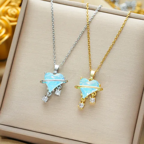 Women Titanium Steel Heart Planet Pendant Necklace Gold Silver Plated Copper Zirconia Saturn Sweet Fashion Jewelry Gift