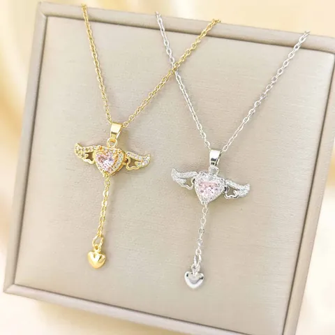 Cupid Angel Wing Heart Necklace Stainless Steel Gold Silver Plated Copper Zirconia Tassel Jewelry For Women Gift
